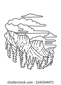 Mono line illustration of Glacier National Park located in the wilderness area of the Rocky Mountains in Montana, United States done in monoline line drawing art style.