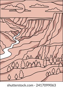 Mono Line Illustration des Grand Canyon, der vom Colorado River in Arizona, USA gemeißelt wurde. in monoline line art.