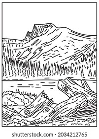 Mono line illustration of Great Basin National Park in eastern Nevada near Utah, USA done in in retro black and white monoline line art style poster.