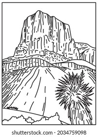 Mono line illustration of Guadalupe Mountains National Park in West Texas USA done in in retro black and white monoline line art style poster.