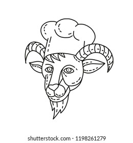 Mono line illustration of a head of the mountain goat chef, cook or baker done in black and white monoline style.