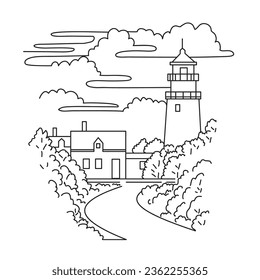 Mono line illustration of Highland Light or Cape Cod Light lighthouse on the Cape Cod National Seashore in North Truro, Massachusetts, USA in monoline line art black and white style.