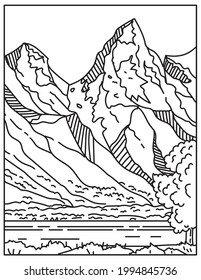 Mono-Line-Illustration von Jackson Hole oder Jacksons Hole mit der Teton Range im Hintergrund befindet sich in Wyoming, Vereinigte Staaten von Amerika getan in Retro-schwarz-weiß monoline Linie Art-Stil.