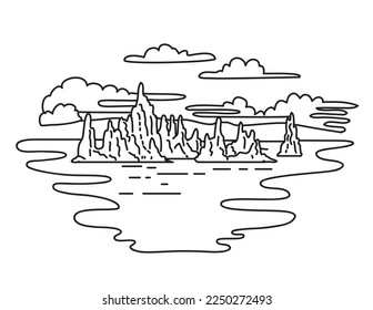 Mono line illustration of Mono Lake Tufa State Natural Reserve within Mono County in Yosemite National Park, California done in black and white monoline line drawing art style.