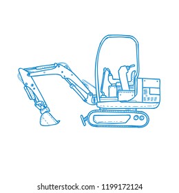 Mono line illustration of mechanical digger or excavator viewed from side done in monoline line drawing style.