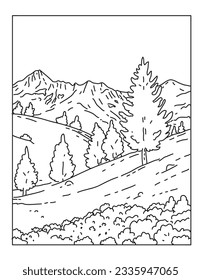 Mono-Line-Illustration des Mercantour Nationalparks oder Parc national du Mercantour in den Departements Alpes-de-Haute-Provence und Alpes-Maritimes in Frankreich im Stil monoline-line-Kunst.