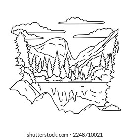 Mono line illustration of Mirror Lake Trail in the eastern part of Yosemite Valley in Yosemite National Park, California done in black and white monoline line drawing art style.