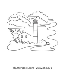 Mono line illustration of Monomoy Point Light or Lighthouse in Vineyard Sound, Chatham, Massachusetts USA in monoline line art black and white style.