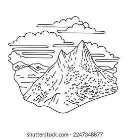 Mono line illustration of Mount Conness in the Sierra Nevada range in the Inyo National Forest and Yosemite National Park, California done in black and white monoline line drawing art style.