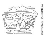 Mono line illustration of Mount Dana located within Yosemite National Park and Ansel Adams Wilderness, California, United States done in black and white monoline line drawing art style.