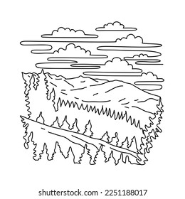 Mono line illustration of Mount Hoffmann in northeastern Mariposa County in the center of Yosemite National Park, California, United States done in black and white monoline line drawing art style.