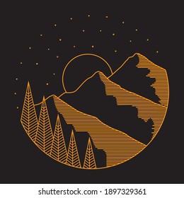 mono line illustration of mountains and pine trees