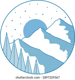 mono line illustration of mountains and pine trees
