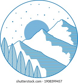 mono line illustration of mountains and pine trees