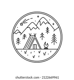 mono line illustration of nature, mountains, tent and campfire in nature. natural park line icon, logo in circle