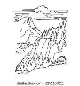 Mono line illustration of Nevada Fall below the Liberty Cap on the Merced River in Yosemite National Park, California United States done in black and white monoline line drawing art style.