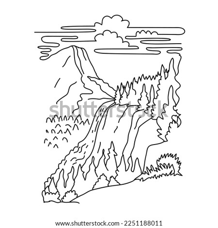 Mono line illustration of Nevada Fall below the Liberty Cap on the Merced River in Yosemite National Park, California United States done in black and white monoline line drawing art style.