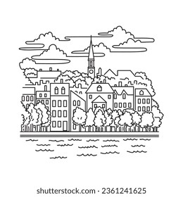 Mono line illustration of Old Town Alexandria along the Potomac River in the city of Alexandria, Virginia, United States of America done in monoline line black and white art style.