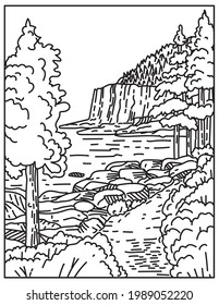 Mono line illustration of Otter Cliff along the North Atlantic Seaboard located in Acadia National Park Maine, United States of America done in retro black and white monoline line art style.