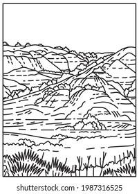 Mono line illustration of the Painted Canyon located in Theodore Roosevelt National Park in western North Dakota, United States of America done in retro black and white monoline line art style.