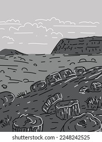 Mono line illustration of Petrified Forest National Park in Navajo and Apache counties in northeastern Arizona, United States done in monoline line drawing art style with grayscale shading.