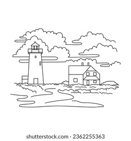 Mono line illustration of Race Point Light or lighthouse on Cape Cod, in Provincetown, Massachusetts USA in monoline line art black and white style.