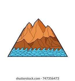 Mono line illustration of ragged mountain with sea waves crashing on shore on isolated background.