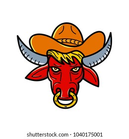 Mono line illustration of a red texas longhorn bull wearing a cowboy hat and nose ring viewed from front on isolated background done in monoline style.