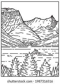 Mono line illustration of Saint Mary Lake and Wild Goose Island in Glacier National Park located in the state of Montana United States of America done in retro black and white monoline line art style.