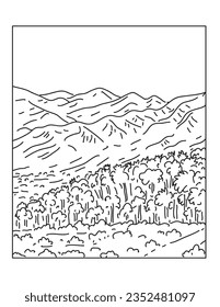 Mono line illustration of Sand to Snow National Monument located in San Bernardino County and northern Riverside County, Southern California done in monoline line art style.