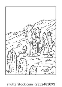 Mono line illustration of Santa Rosa and San Jacinto Mountains National Monument in southern California done in monoline line art style.
