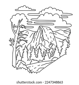 Mono line illustration of Sentinel Dome in Yosemite National Park and south of Yosemite Valley in , California, United States done in black and white monoline line drawing art style.