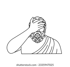 Mono line illustration of Socrates, a Greek Philosopher doing a facepalm gesture in disbelief, shame or exasperation done in monoline line art style.