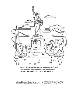 Ilustración de la Estatua de la Libertad con el horizonte de la ciudad de Nueva York en la isla de la Libertad en el puerto de Nueva York en los Estados Unidos de América EEUU hecho en estilo de arte de línea monolínea.