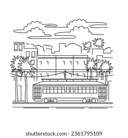 Mono line illustration of a streetcar or trolley car in New Orleans, Louisiana, USA done in monoline line art black and white style.