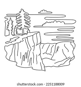 Mono line illustration of Taft Point west of Glacier Point located in Yosemite National Park, California United States done in black and white monoline line drawing art style.