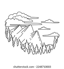 Mono line illustration of Three Brothers consisting of Eagle Peak, Middle and Lower Brothers in Yosemite National Park, California done in black and white monoline line drawing art style.