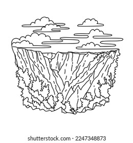 Mono line illustration of Tomichi Point located in Black Canyon of the Gunnison National Park, Colorado, United States done in black and white monoline line drawing art style.