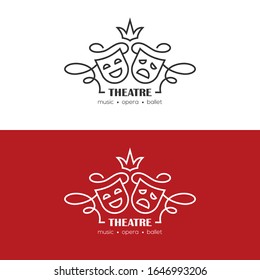 Mono line illustration with tragedy and comedy masks. Theatre or drama school linear logo, symbol, emblem.