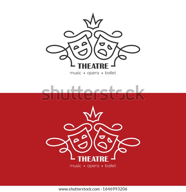 Mono line\
illustration with tragedy and comedy masks. Theatre or drama school\
linear logo, symbol,\
emblem.