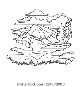 Mono line illustration of Tuolumne Meadows along the Tuolumne River in the eastern section of Yosemite National Park, California done in black and white monoline line drawing art style.