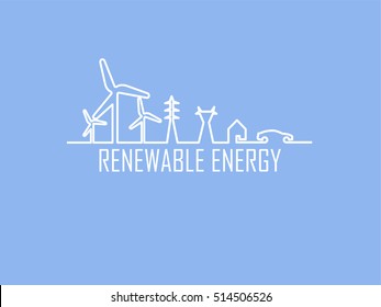 Mono Line Illustration Vector Of Home Electricity Renewable Energy Power System Consist Of Renewable Energy Wind Turbine, Transmission Tower, House And Electric Vehicle