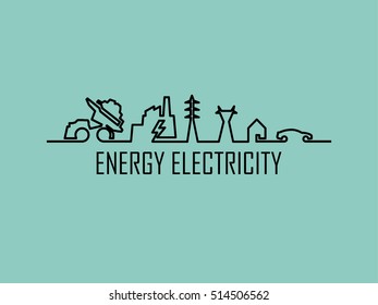 mono line illustration vector of home electricity energy power system consist of fossil fuel, power plant, transmission tower, house and electric vehicle