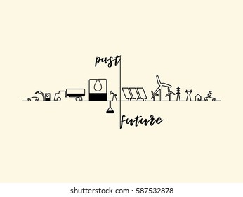 Mono Line Illustration Vector Of Home Electricity Renewable Energy Power System, Future Energy Source Concept