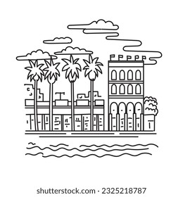 Mono line illustration of Venice Beach neighborhood of the city of Los Angeles within the Westside region of Los Angeles County, California USA done in monoline line art style.