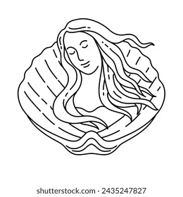 Mono line illustration of Venus, mermaid or siren with long flowing hair on clam shell viewed from front done in monoline line art style.