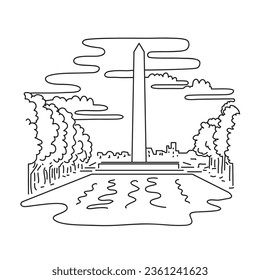 Mono line illustration of the Washington Monument on the National Mall in Washington, DC United States of America done in monoline line black and white art style.