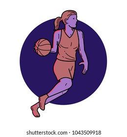 Mono line illustration of woman or female basketball player dribbling ball looking to pass viewed from side set inside circle  done in monoline style.