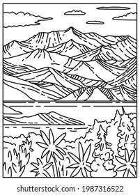 Mono line illustration of Wrangell-St. Elias National Park and Preserve located in south central Alaska, United States of America done in retro black and white monoline line art style.