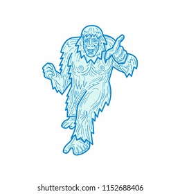 Mono line illustration of the Yeti or Abominable Snowman, in the folklore of Nepal, an ape-like entity, pointing towards you viewed from front done in monoline style.